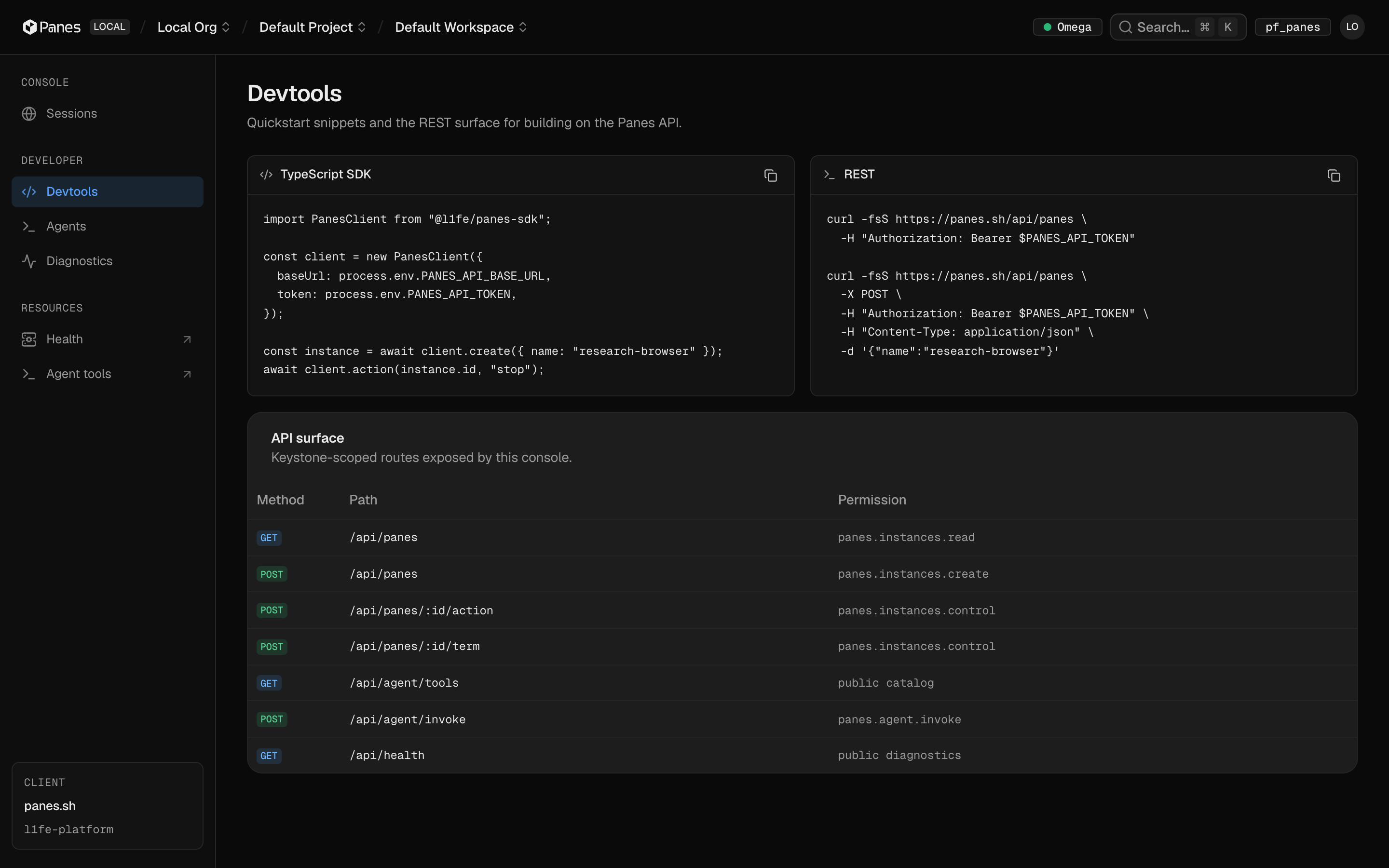The API surface, documented in-product — Panes console