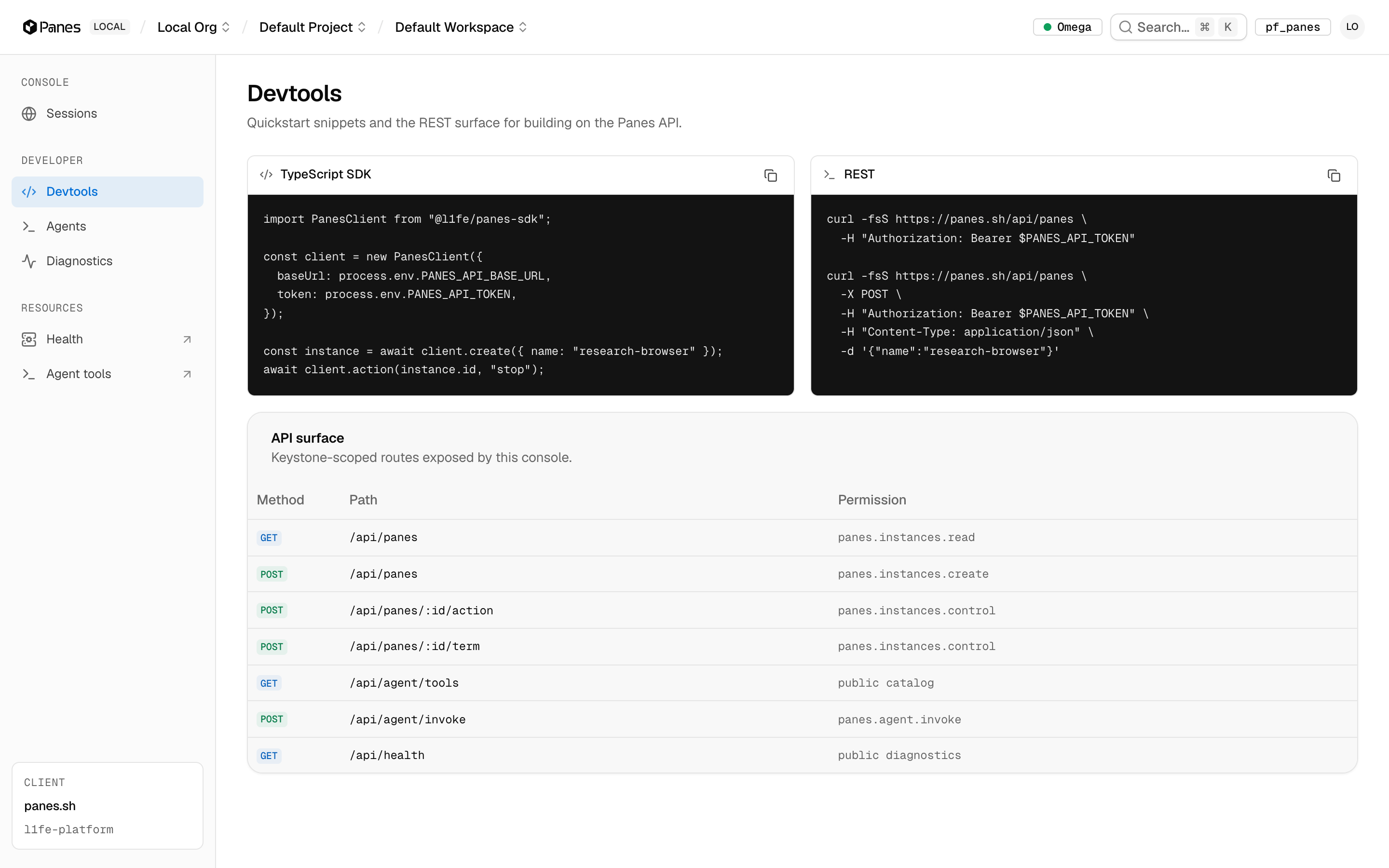 The API surface, documented in-product — Panes console